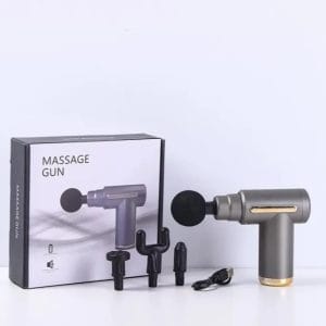 Mini electric massage gun with box packaging and multiple interchangeable massage heads in silver color, zenipick