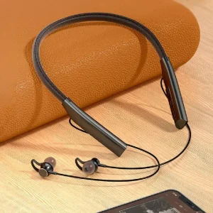 Recrsi RE-NY030 Bluetooth 5.0 neckband earphones top view brown leather design